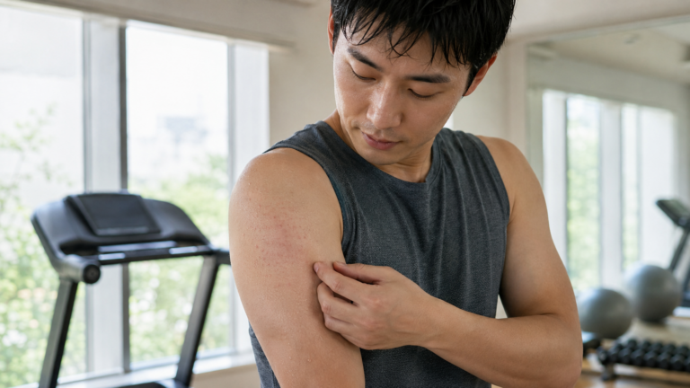 운동 후 몸통에 생긴 작은 두드러기 증상을 확인하는 성인