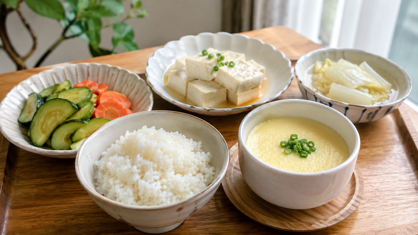 부드러운 밥과 달걀찜 두부 익힌 채소로 구성한 위가 편한 식사 예시