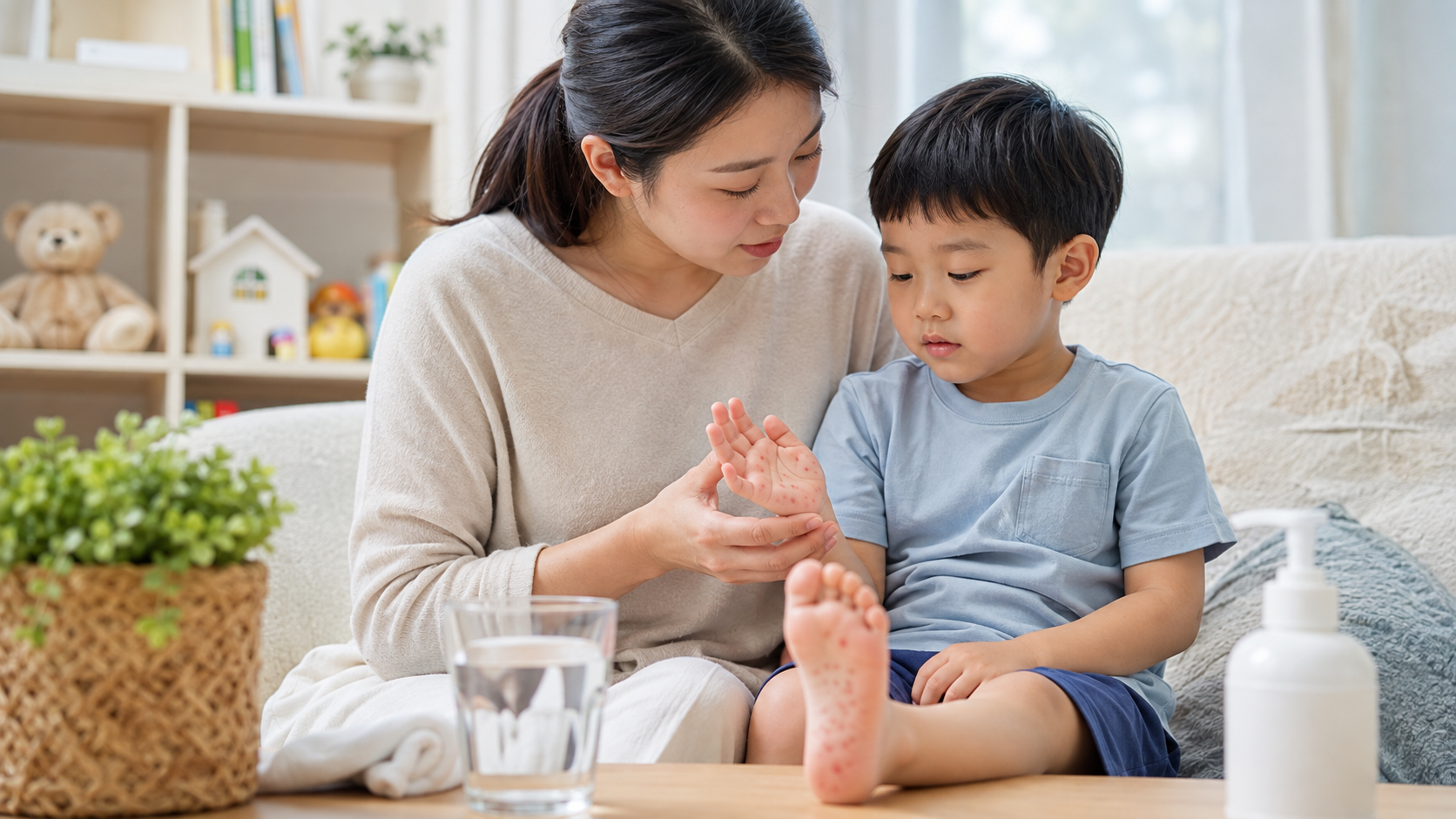 수족구로 손발에 가벼운 수포가 생겨 집에서 회복 중인 아이와 보호자