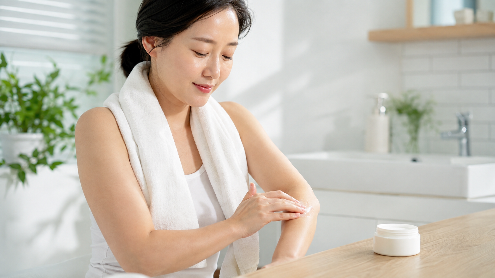 여름철 샤워 후 팔 피부에 보습제를 바르며 아토피 피부를 관리하는 성인