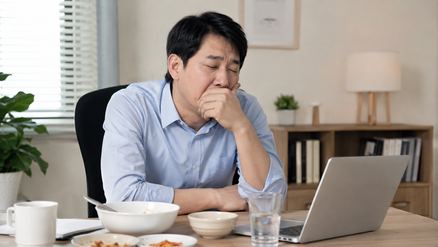 점심 식사 후 책상 앞에서 졸음과 피로를 느끼는 성인