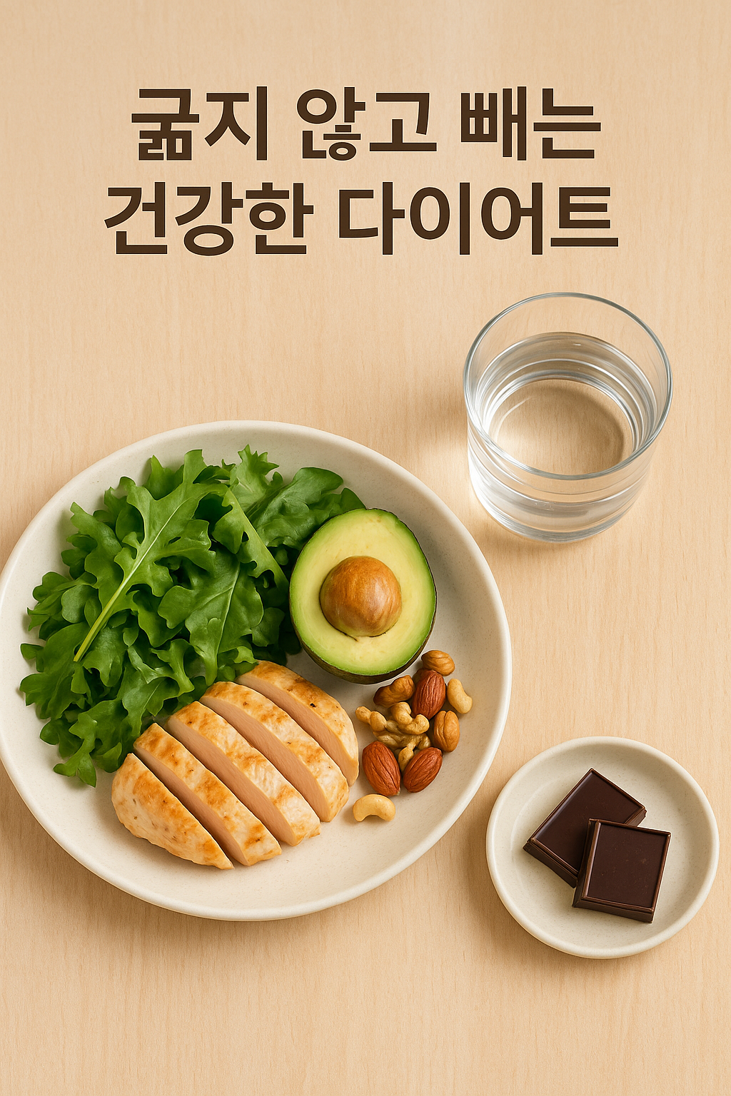 샐러드 접시 물컵 다크 초콜릿으로 구성한 포만감 식단 예시