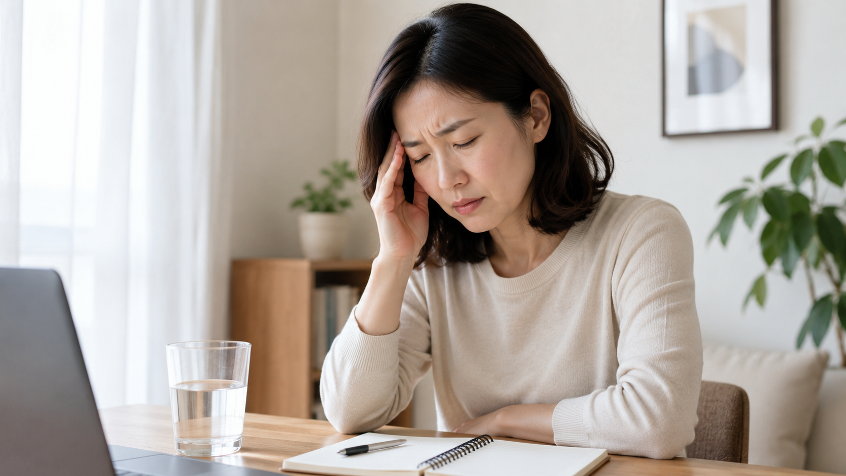 두통 원인과 편두통·긴장두통 차이를 확인하며 관자놀이를 짚는 성인