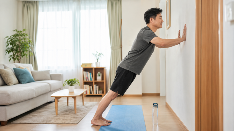 거실에서 기구 없이 초보자용 홈트레이닝을 시작하는 성인