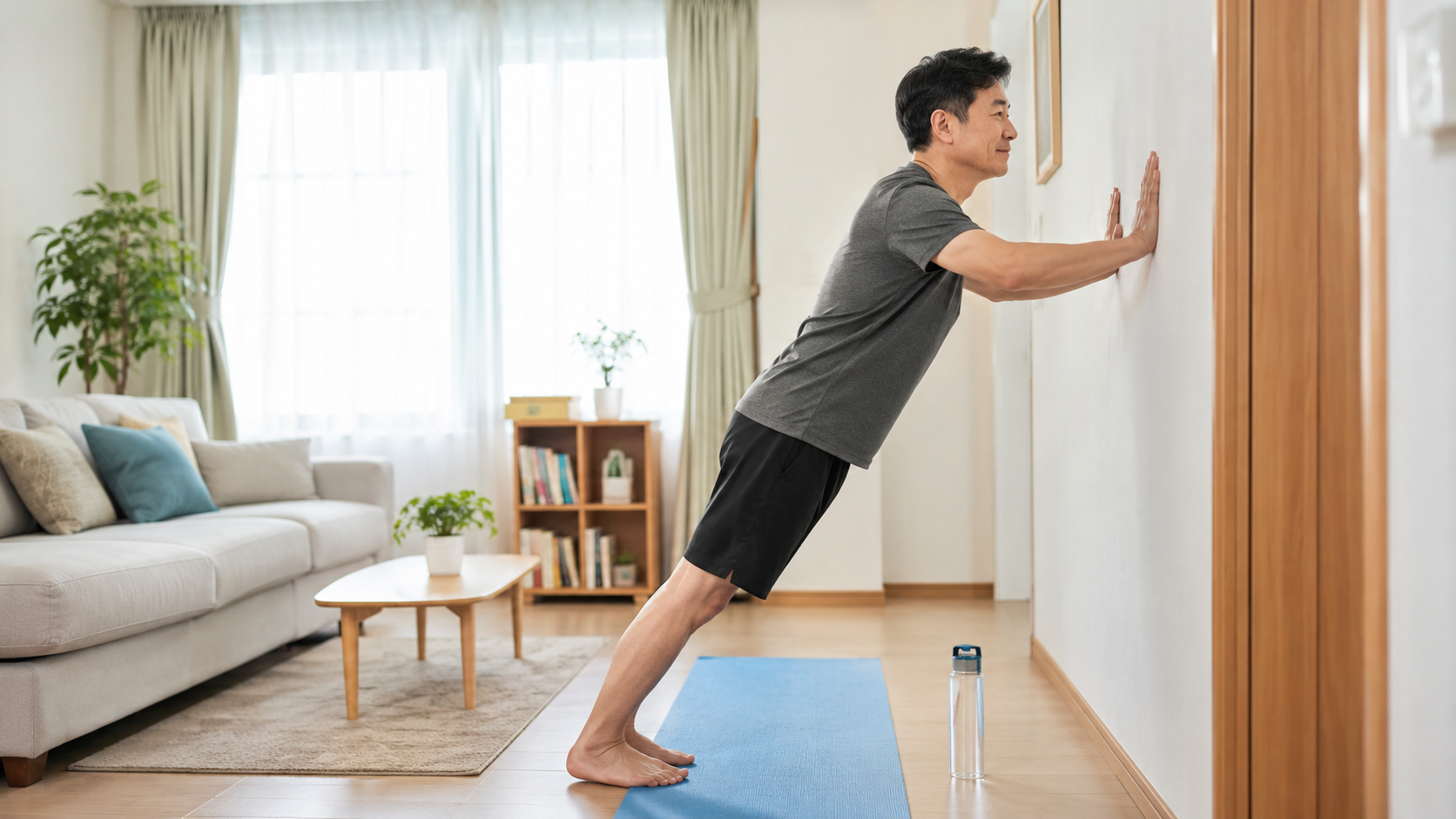 거실에서 기구 없이 초보자용 홈트레이닝을 시작하는 성인