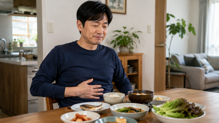 식후 더부룩함과 명치 불편감을 느끼며 소화불량 증상을 확인하는 성인