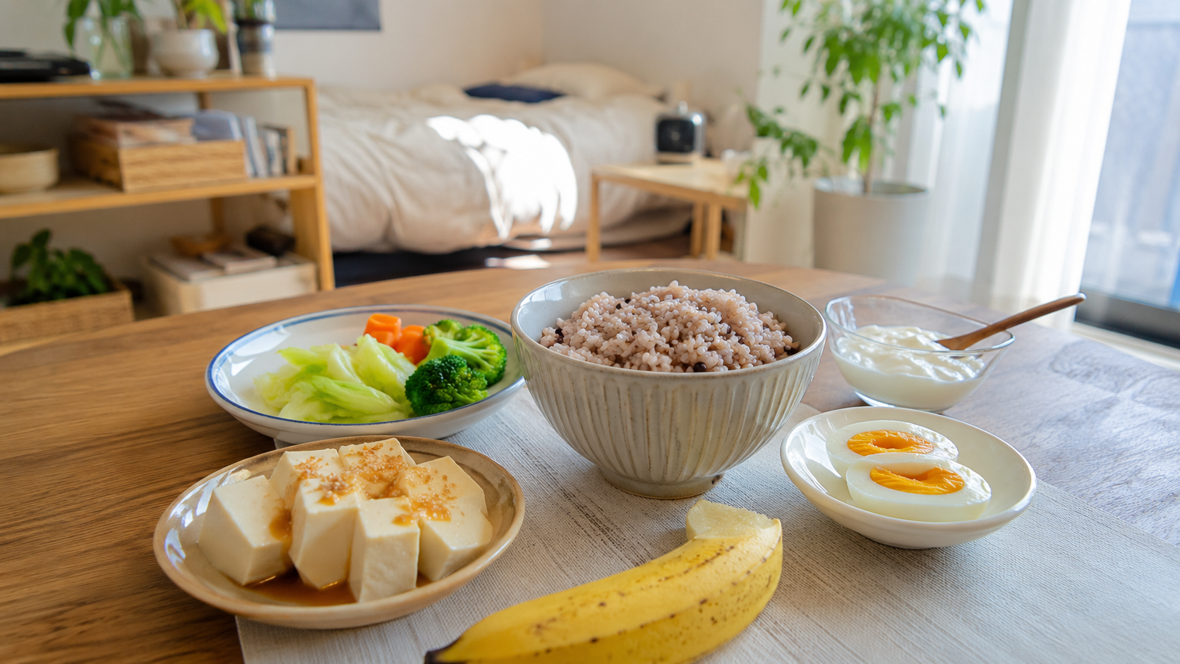 자취생이 간단하게 준비한 잡곡밥과 달걀, 채소, 과일, 요거트 식단