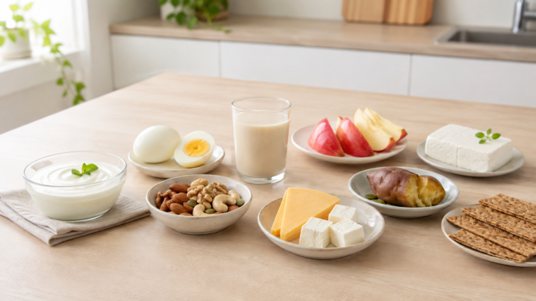 무가당 그릭요거트, 삶은 달걀, 견과류, 통곡물 크래커, 두유 등 저당 간편 간식이 놓인 장면