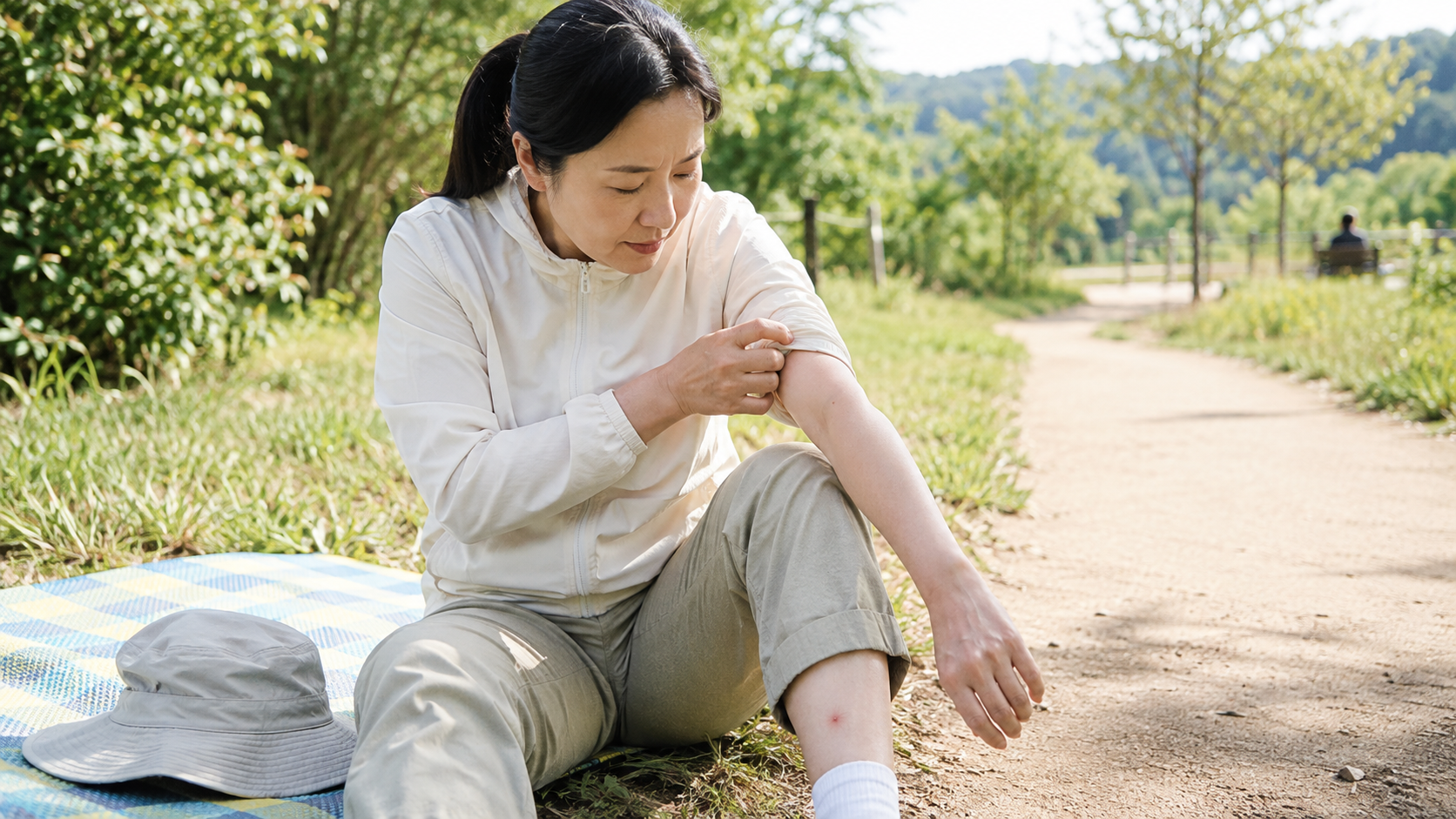 가을 야외활동 후 쯔쯔가무시 증상과 털진드기 예방을 확인하는 성인