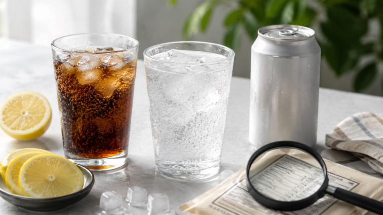 제로슈거 음료와 일반 가당 음료를 비교하며 감미료 성분을 확인하는 장면